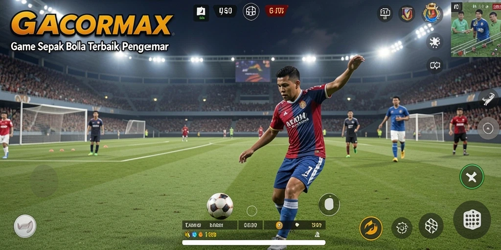 Screenshot gameplay GACORMAX menampilkan aksi seru di lapangan sepak bola.