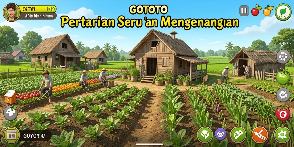 Tangkapan layar utama GOTOTO menampilkan lahan pertanian yang luas dan berwarna-warni.