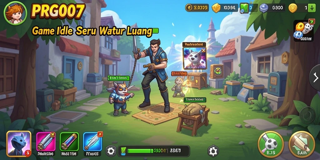 Tampilan menarik dari gameplay Idle PRG007 dengan berbagai sumber daya.