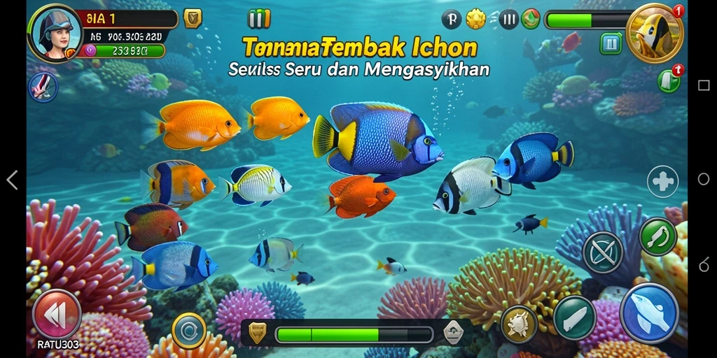 Screenshot gameplay seru dari RATU303 dengan aksi menembak ikan.
